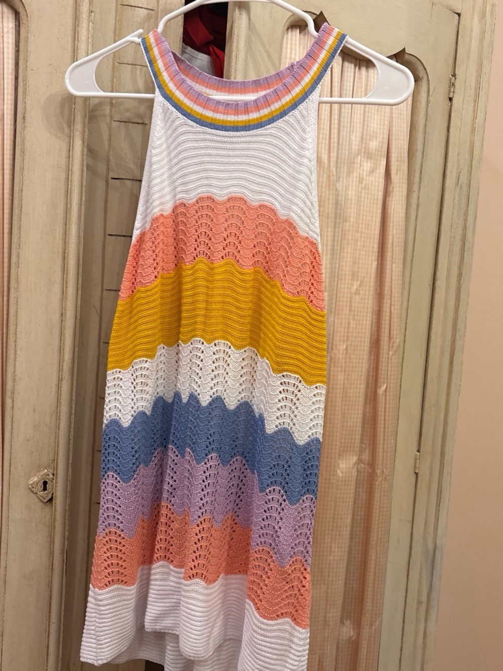 Women’s Multicolor Crochet Halter Tank Top - White with Pastel Stripes